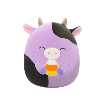 Squishmallows ljubičasta krava Alexie zatvorenih očiju koja drži slatki kukuruz, 20 cm