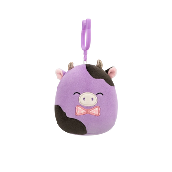 Squishmallows Clip-On ljubičasto-crna krava Alexie s leptir kravatom, 9 cm