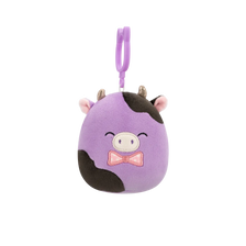 Squishmallows Clip-On ljubičasto-crna krava Alexie s leptir kravatom, 9 cm