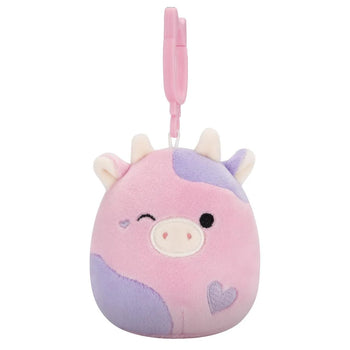 Squishmallows Clip-On ružičasto-ljubičasta krava Patty koja namiguje, 9 cm